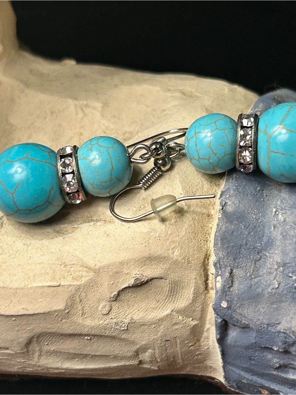 Turquoise Bead Drop Earrings with Crystal Accents - Blue